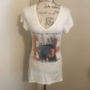 Bruce Springsteen White V-Neck Born In The USA Graphic Semi Sheer Shirt
